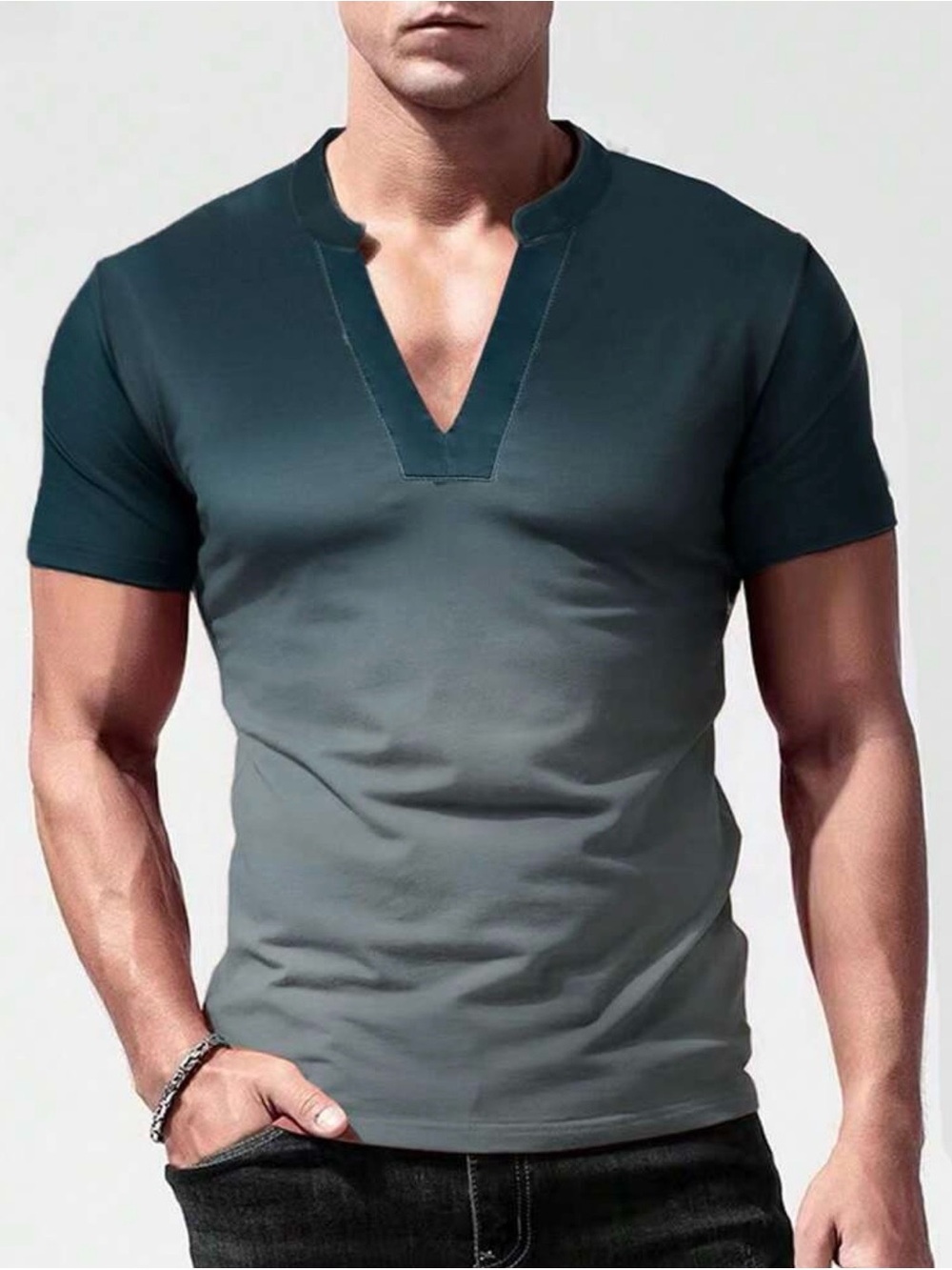 SHEIN Manfinity Homme Gradient V-Neck T-Shirt XL Teal Gray Short Sleeve